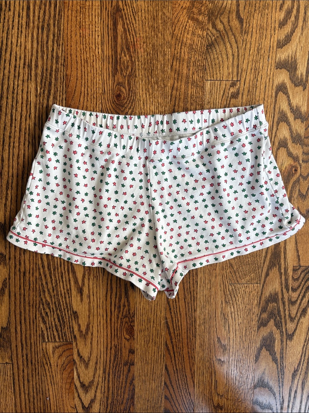 Roller Rabbit White Star-Print Sleep Shorts with Red & Green Stars, size S.